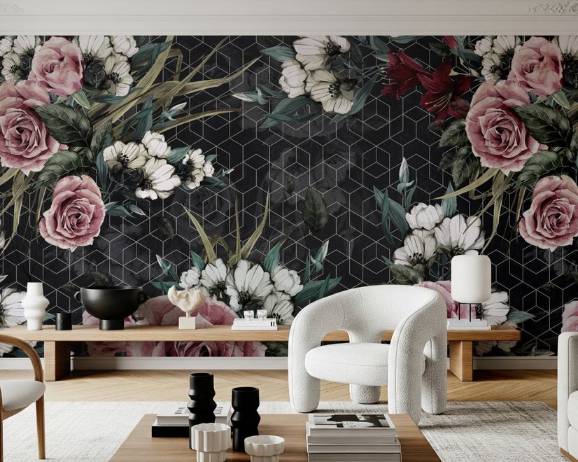 Colorful Floral with Dark Geometric Pattern Wallpaper Mural