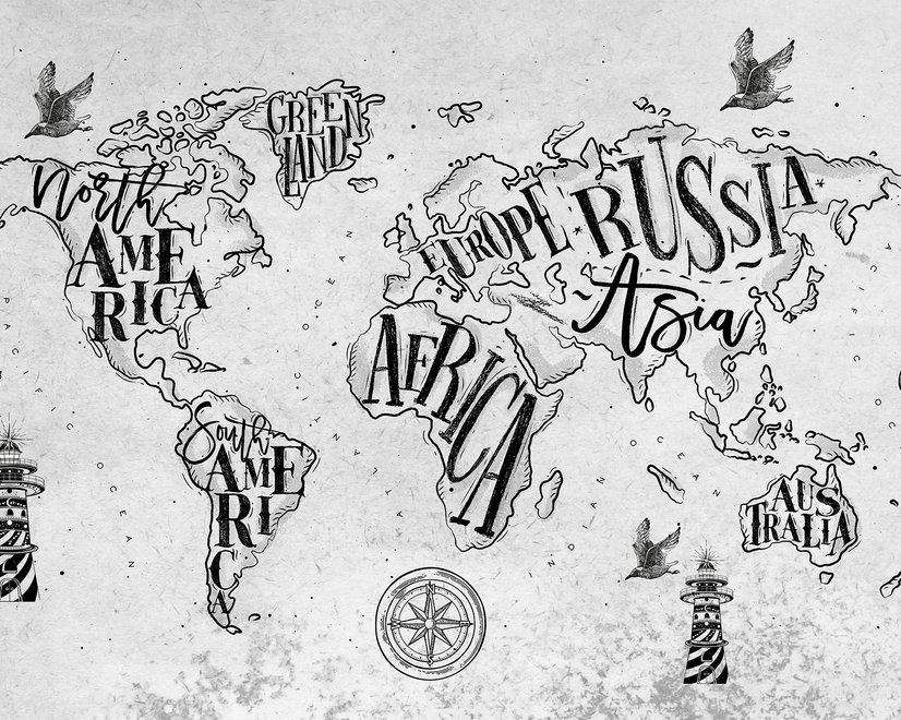 Papier peint panoramique de la carte du monde au fusain vintage