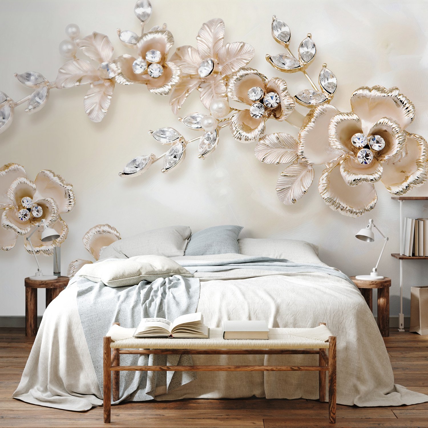 Cream Jewellery Rose Floral Wallpaper Mural - Peel and Stick
