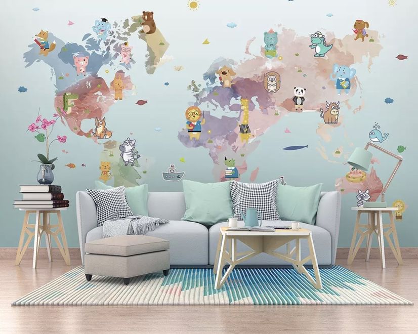 Papier peint panoramique rose et violet avec des animaux