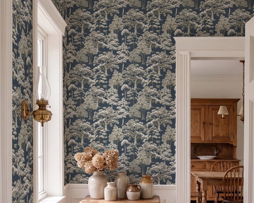 Navy wallpaper with warm ivory and taupe grey toile tree repeat on deep slate blue ground