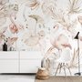 Papier peint art flamant doux avec boho tropical à feuilles