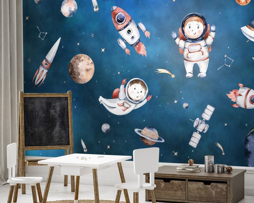 Kids Watercolor Space with Planets Wallpaper Mural