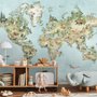Watercolor Kids World Map with Soft Animals Wallpaper Mural