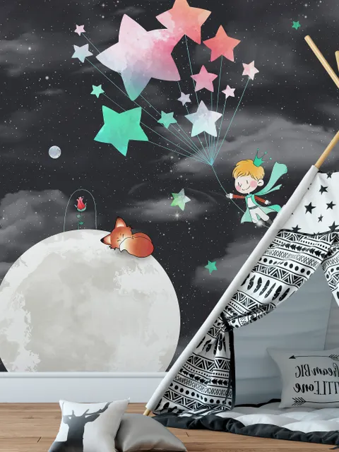 Little Prince and Moon with Watercolor Stars Wallpaper Mural
