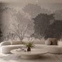 Misty forest nature wallpaper mural in greige, taupe and charcoal watercolour with birds