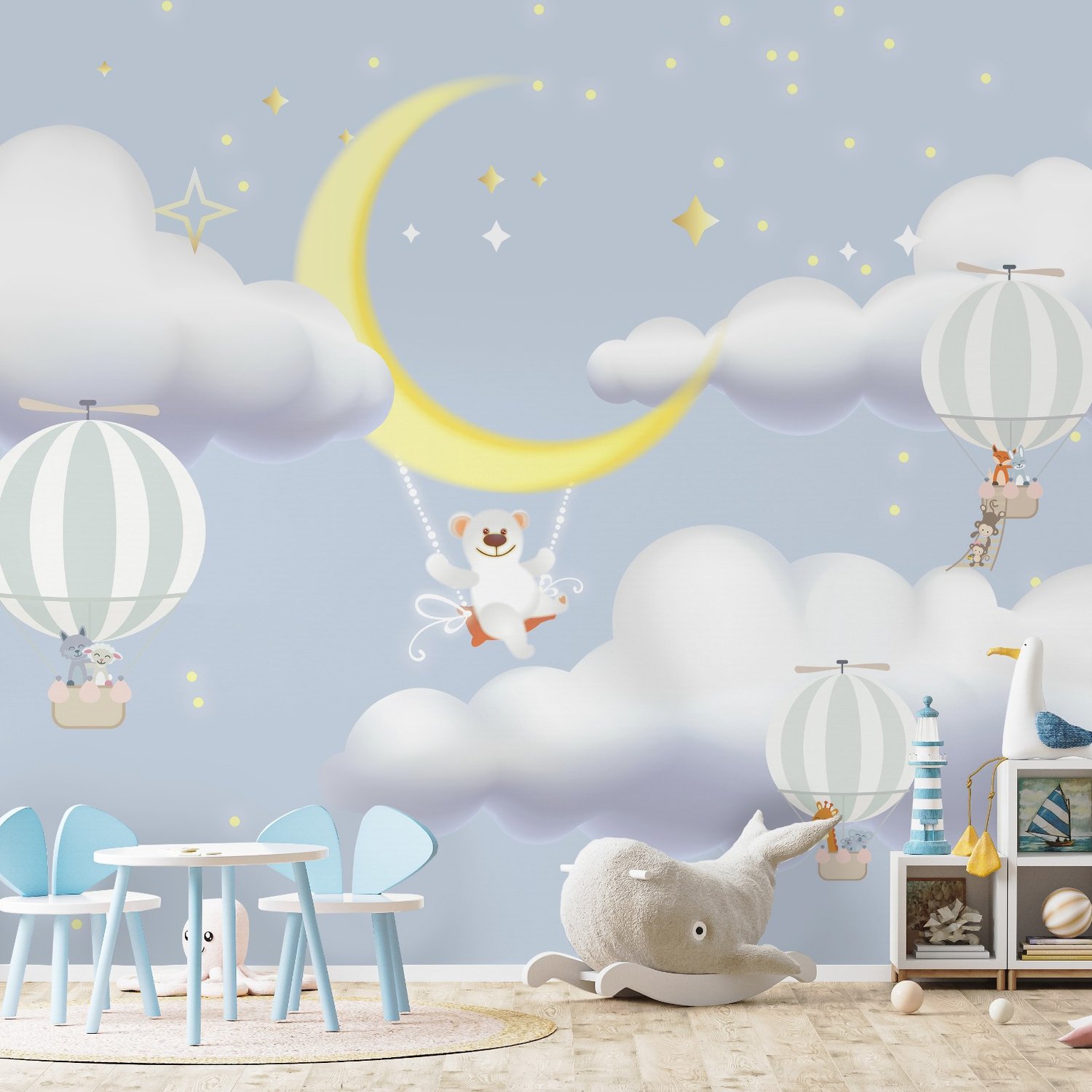 Kinder Cartoon Wolke und Gelber Mond Fototapete - Selbstklebende