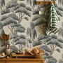 Vintage Japanese tree nature wallpaper with blue-grey canopies, willow foliage, birds and ivory-cream ground