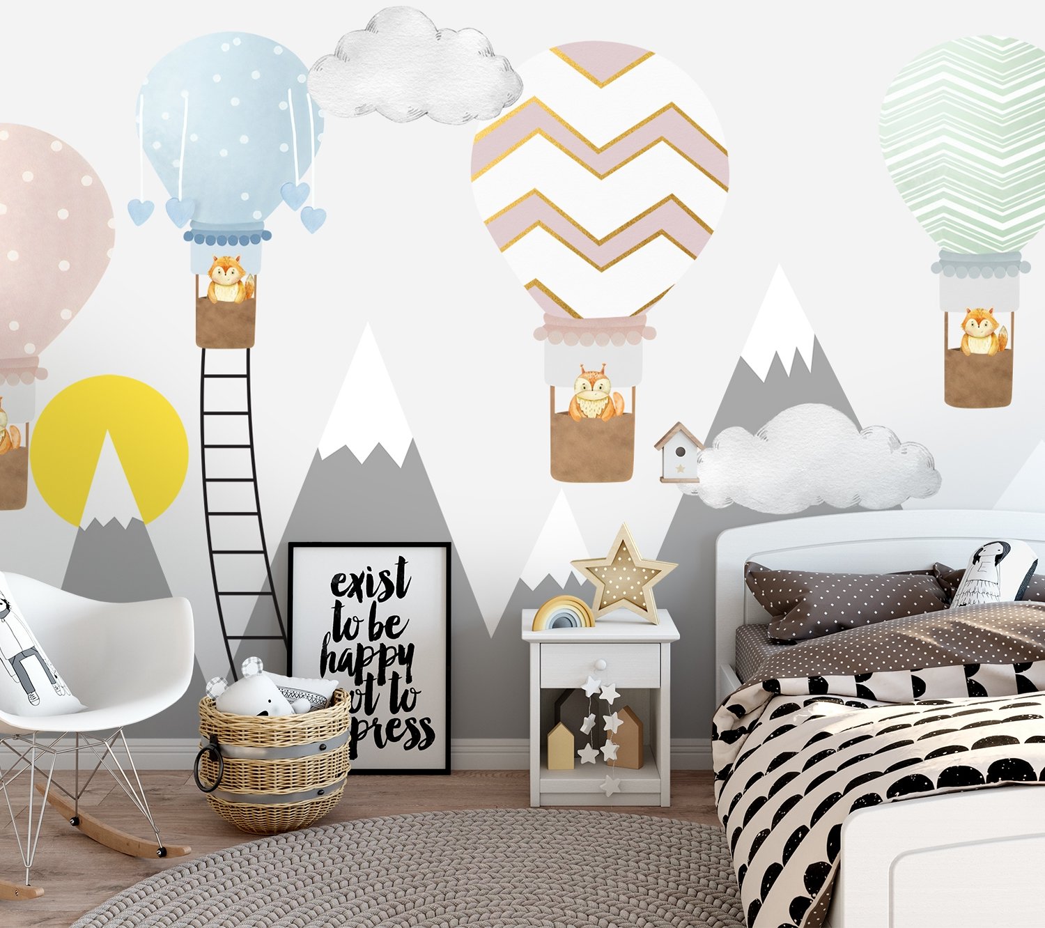 Kids Gray Mountain and Colorful Hot Air Balloon Wallpaper Mural - Peel and Stick