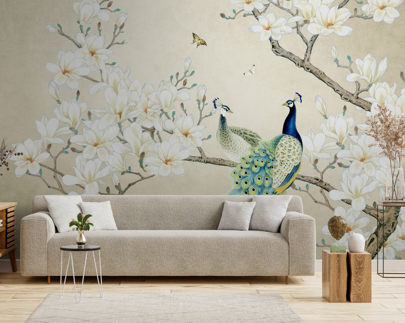 Peacock with Magnolia Blossom Wallpaper Mural