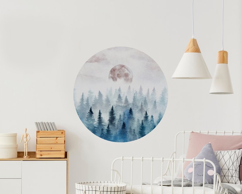 Nebliger Wald mit aufgehender Mond Landschaft Kreis Wandtattoo