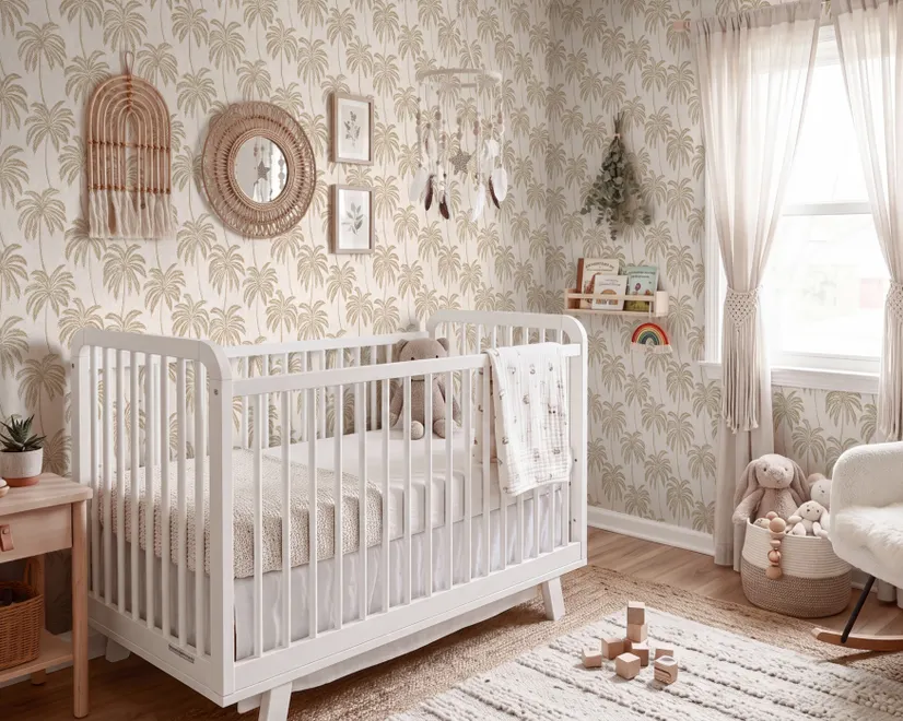 Muted sandy taupe palm trees and pale foliage on a creamy ivory ground tropical wallpaper