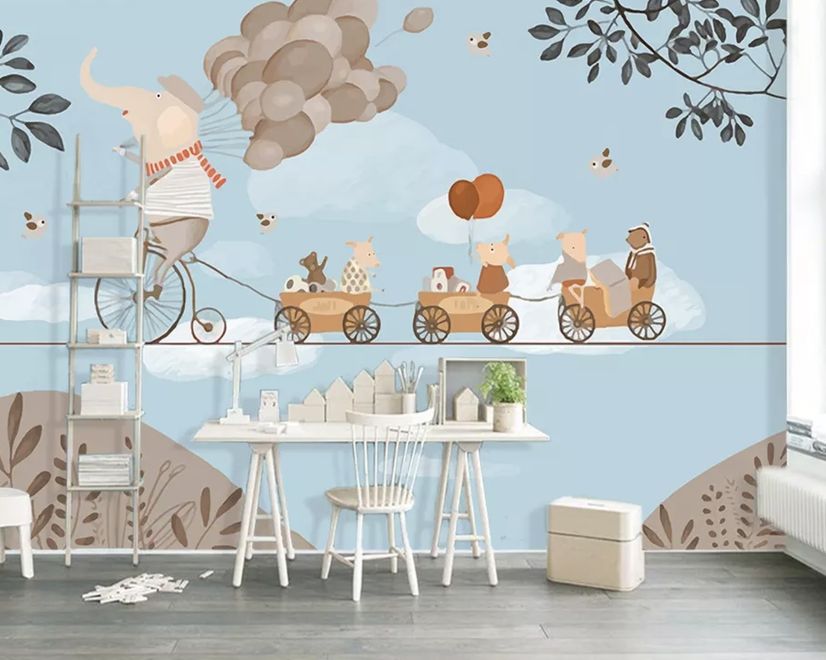 Elephant on Bicycle with Cute Animals Wallpaper Mural