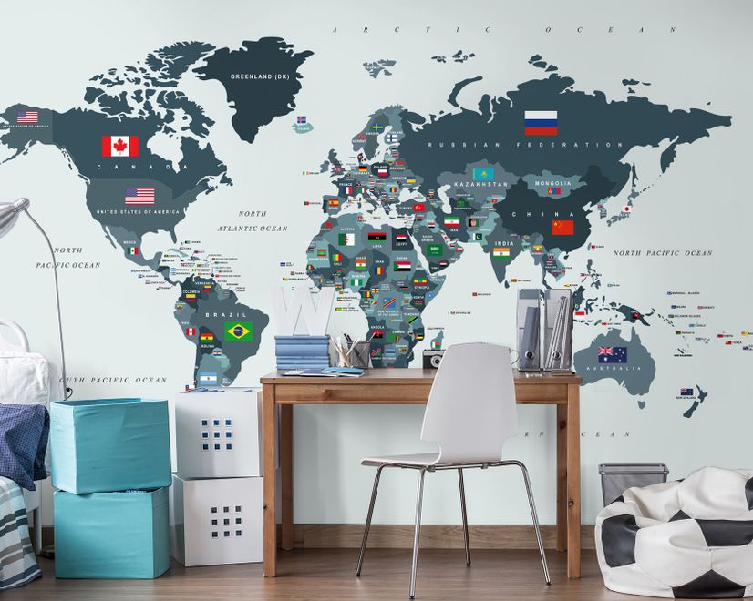Political World Map with Country Flags Wallpaper Mural