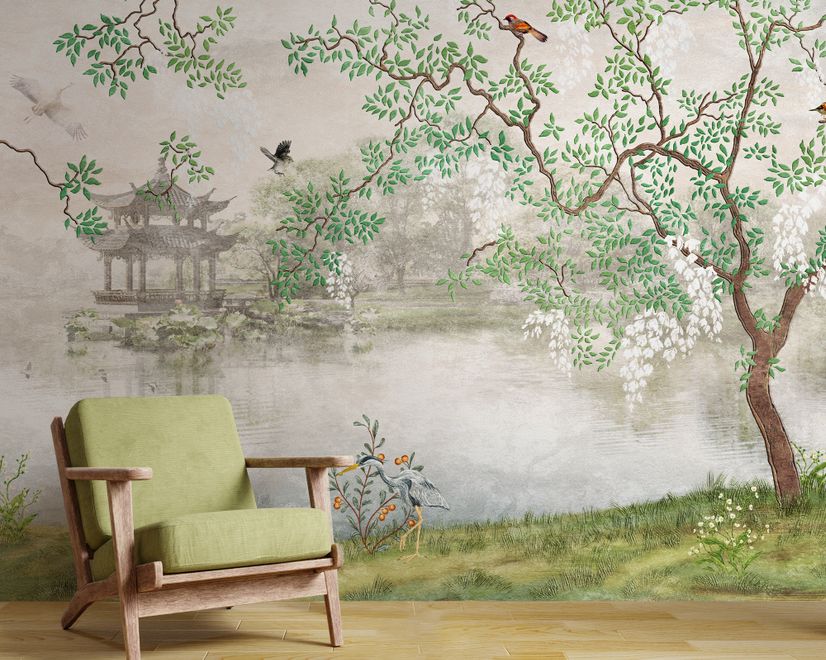 Misty Lake Landscape and Japanese Garden Wallpaper Mural
