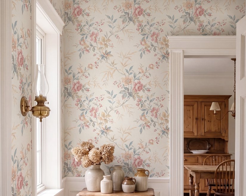 Pink chinoiserie wallpaper with watercolor flowers, blue-grey leaves and red berries on a cream linen-texture ground