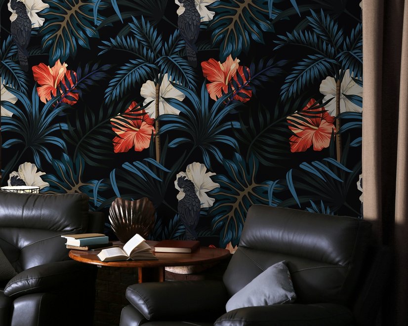 Papier peint feuilles exotiques oiseaux