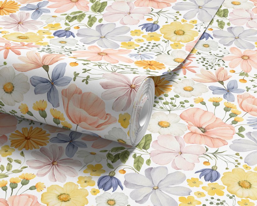 Spring floral wallpaper with pastel watercolour flowers and sage leaves on a clean white ground