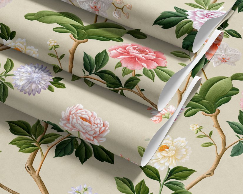 Chinoiserie wallpaper with blue-grey birds, pink peonies, white orchids and green branches on ivory-cream ground