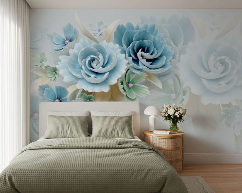 Papier peint panoramique floral bleu vert en 3D de style européen