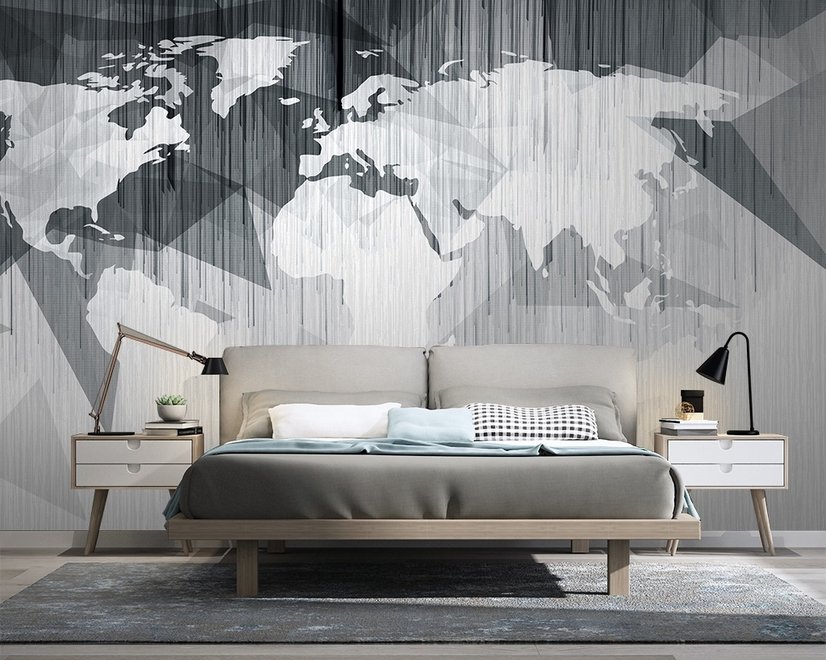 Monochrome Polygonal World Map with Abstract Lines Wallpaper Mural