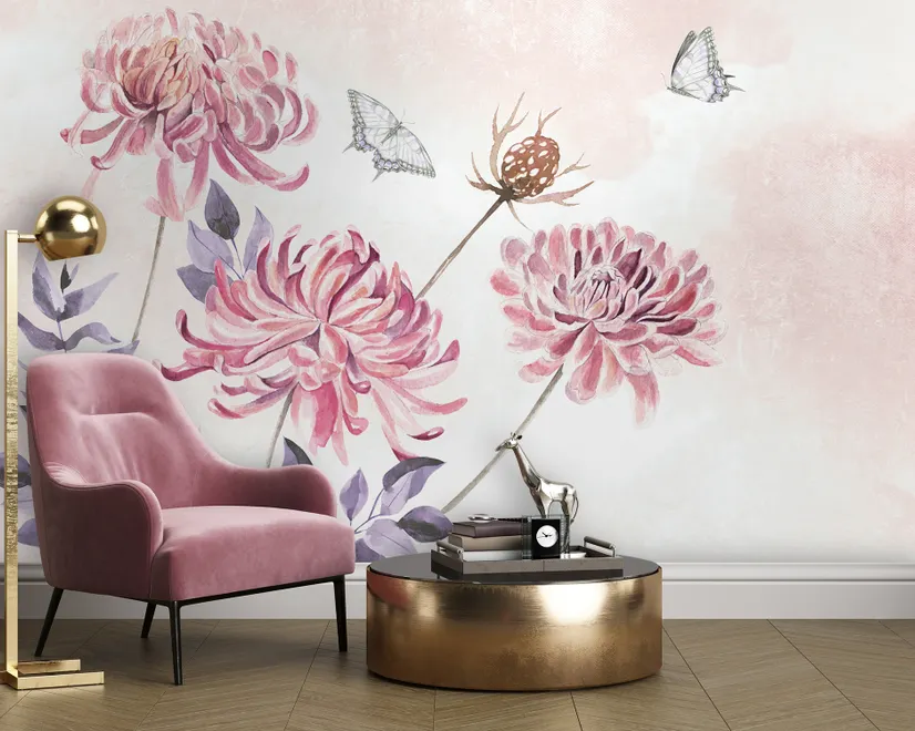 Retro Watercolor Pink Dandelion Flower Art Wallpaper Mural