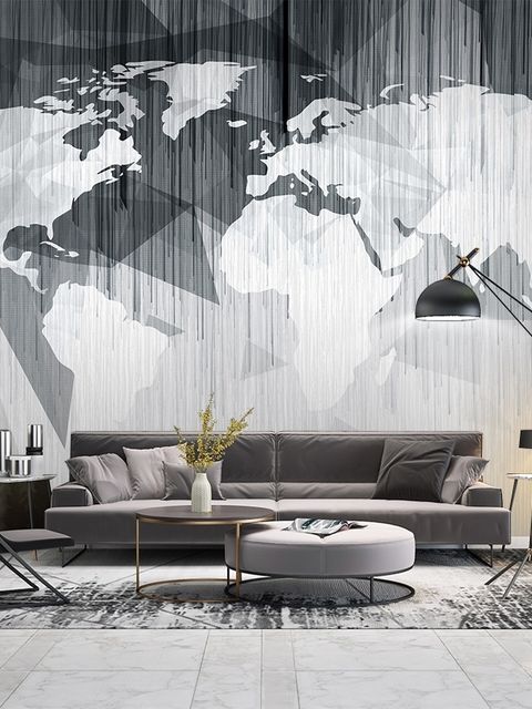 Papier peint panoramique carte du monde polygonale monochrome à lignes abstraites