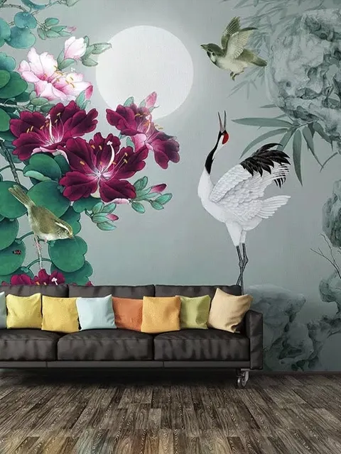 Fototapete Weißer Storch und Lila Blumen