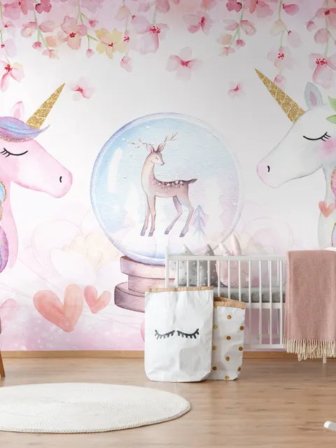 Kids Girls Unicorn with Pink Florals Wallpaper Mural