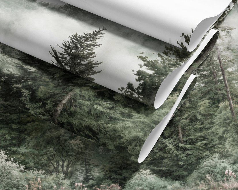 Misty mountain wallpaper mural with tall pine trees, layered green forest and pale foggy ridges