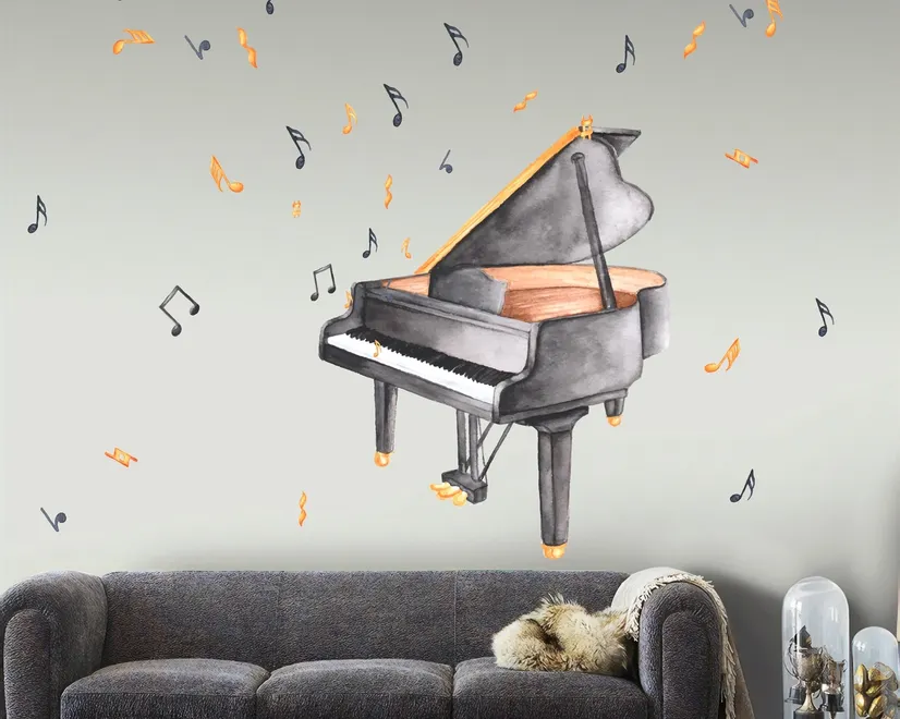 Watercolor Piano and Trumpet with Colorful Music Notes Wall Decal Sticker