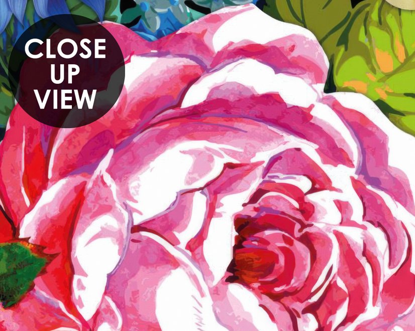 Papier peint panoramique fleurs de style bohème avec pivoines, œillets et violettes