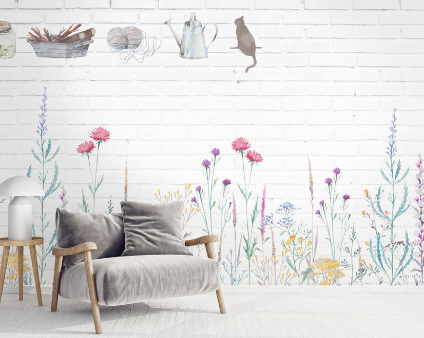 Aquarell Bunte Blumen mit Weißer Ziegelwand Fototapete