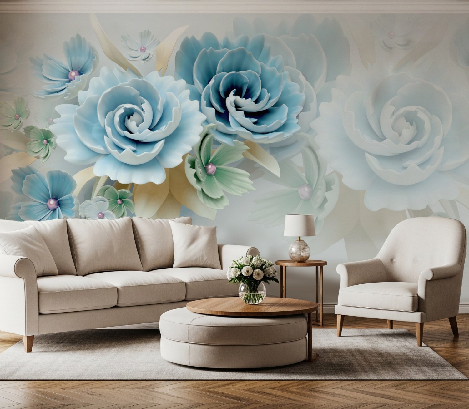 European Style 3D Blue Green Floral Wallpaper Mural - Peel and Stick