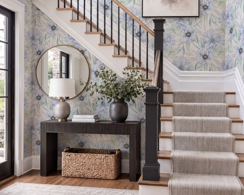 Blue floral wallpaper with watercolour anemone blooms, mint sage leaves and yellow ochre centres on white