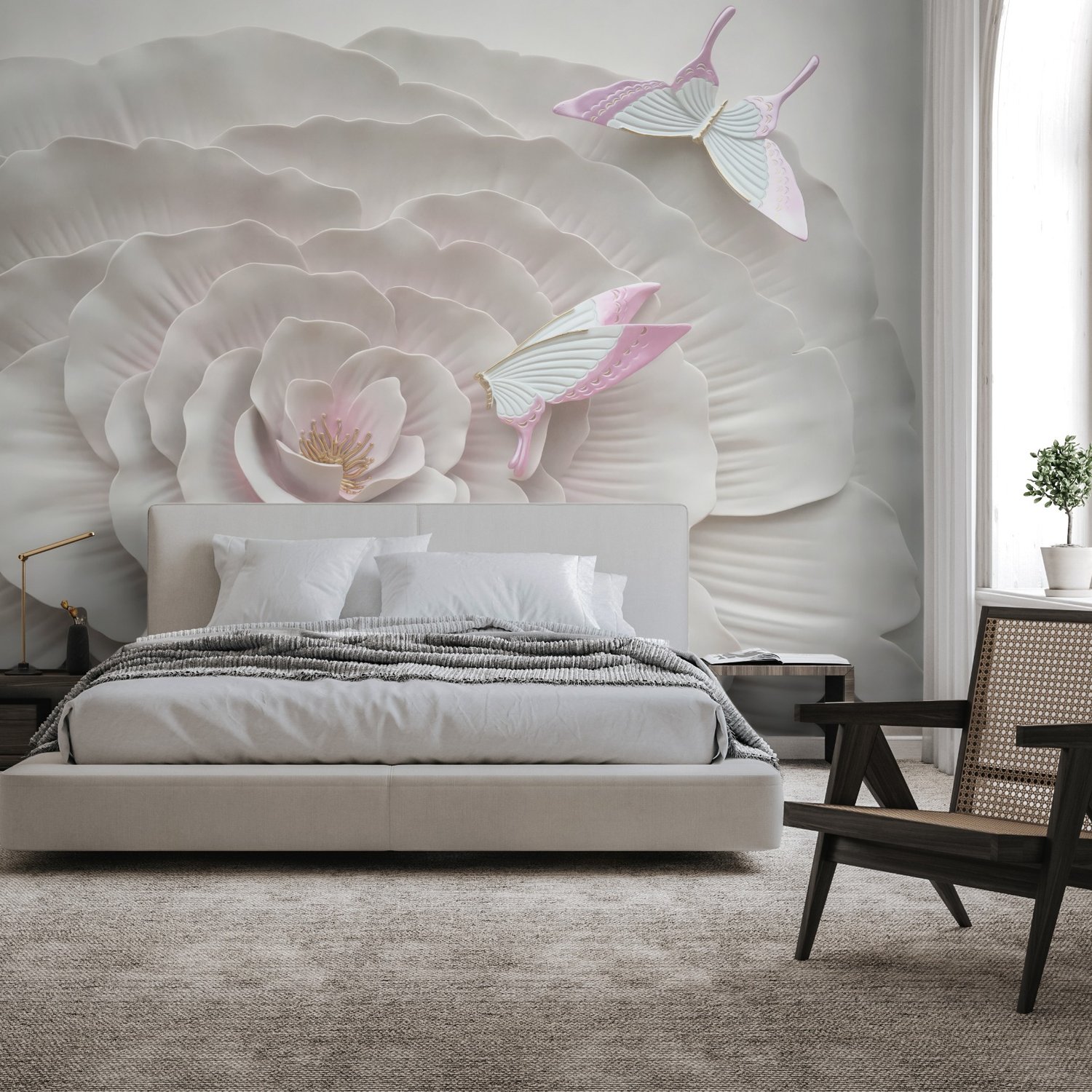 3D Embossed Look Flowers and Butterfly Wallpaper Mural - Peel and Stick