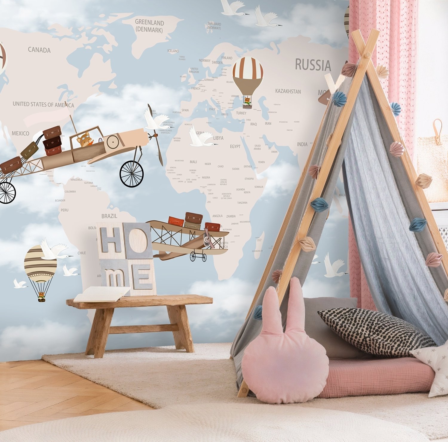 World Map with Hot Air Balloons and Helicopters Wallpaper Mural - Peel and Stick