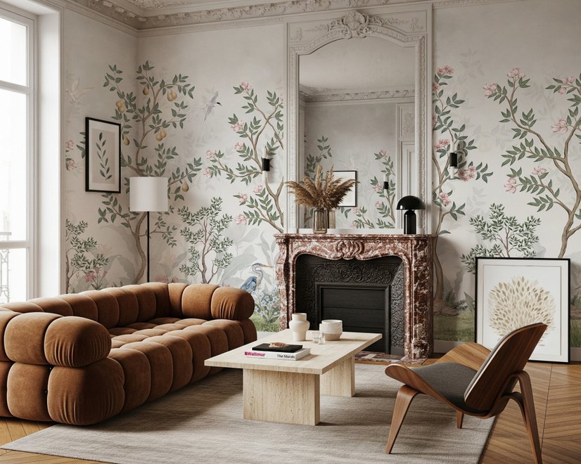 Chinoiserie Garden Trees And Birds Landscape Wallpaper Mural