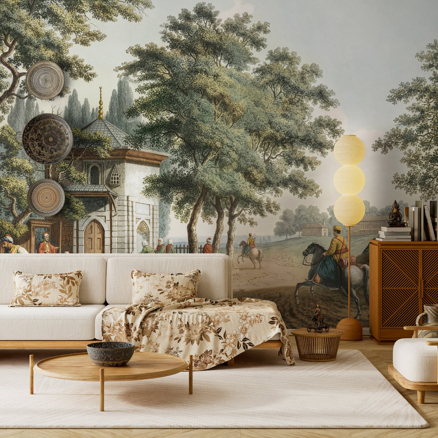 Vintage Rural Landscape with Village Folk Wallpaper Mural - Peel and Stick