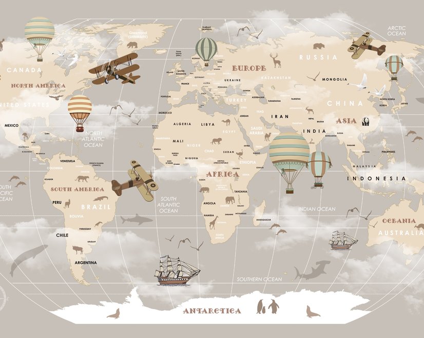 Papier peint panoramique pour enfants, beige, carte du monde et montgolfière