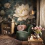 Ivory lotus flowers and seed pods on charcoal teal lily pads in a botanical lotus wallpaper mural