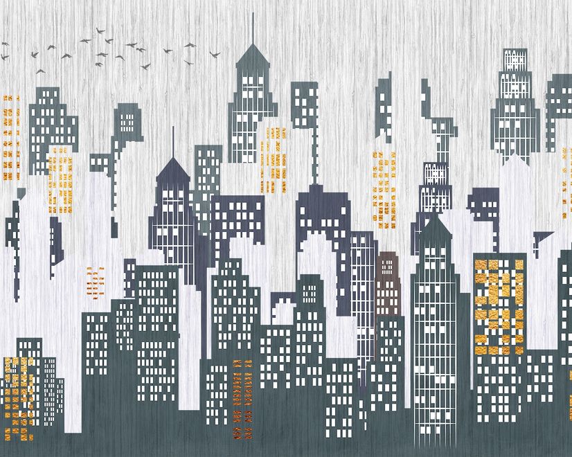 Watercolor City Silhouette Wallpaper Mural