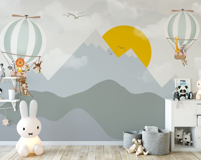 Kids Nursery Mountain Landscape with Hot Air Balloon Wallpaper Mural