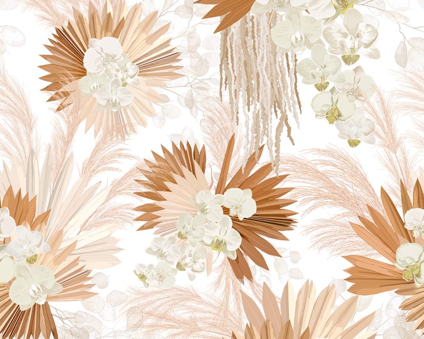 Neutral Boho Plants with Palm Leaf Wallpaper Mural