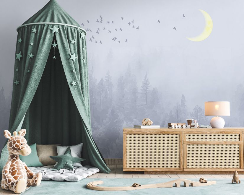 Monochrome Night Forest and Birds Wallpaper Mural