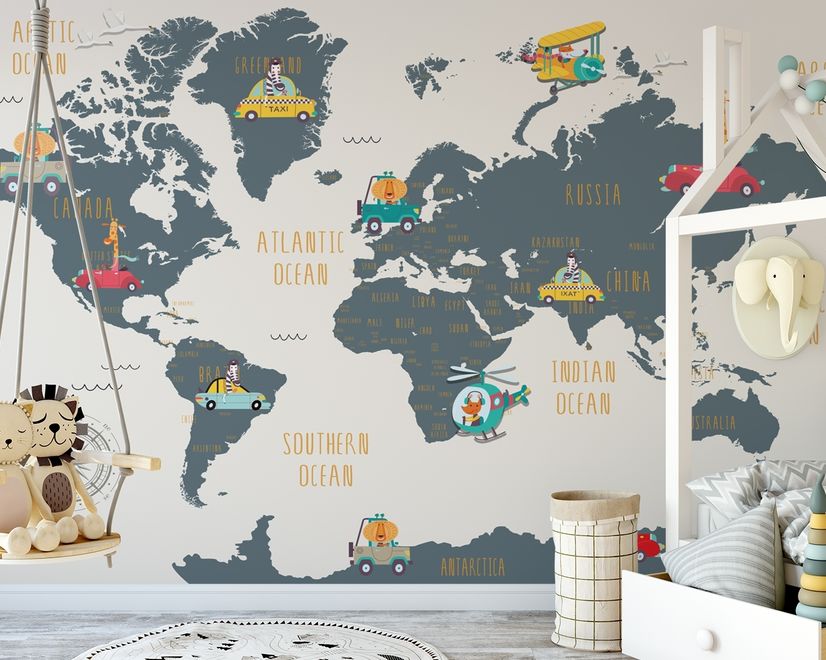 Kids World Map with Animals and Little Cars Wallpaper Mural