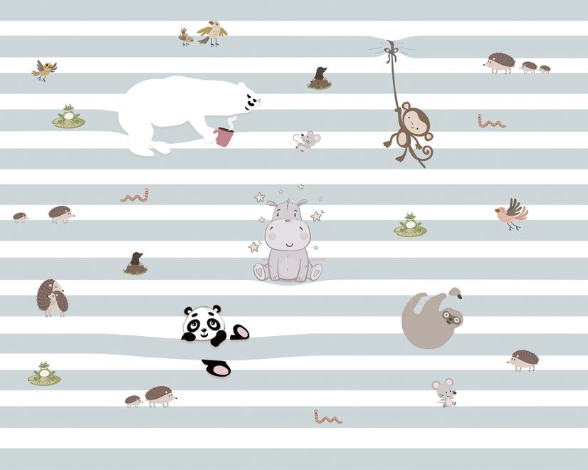 Cute Animals on the Colorful Stripe Wallpaper Mural