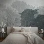 Light gray wallpaper mural with misty forest trees, falling leaves and birds