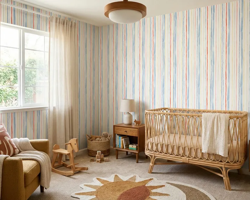 Blue and light blue wallpaper with hand-painted vertical watercolour stripes on a clean white ground