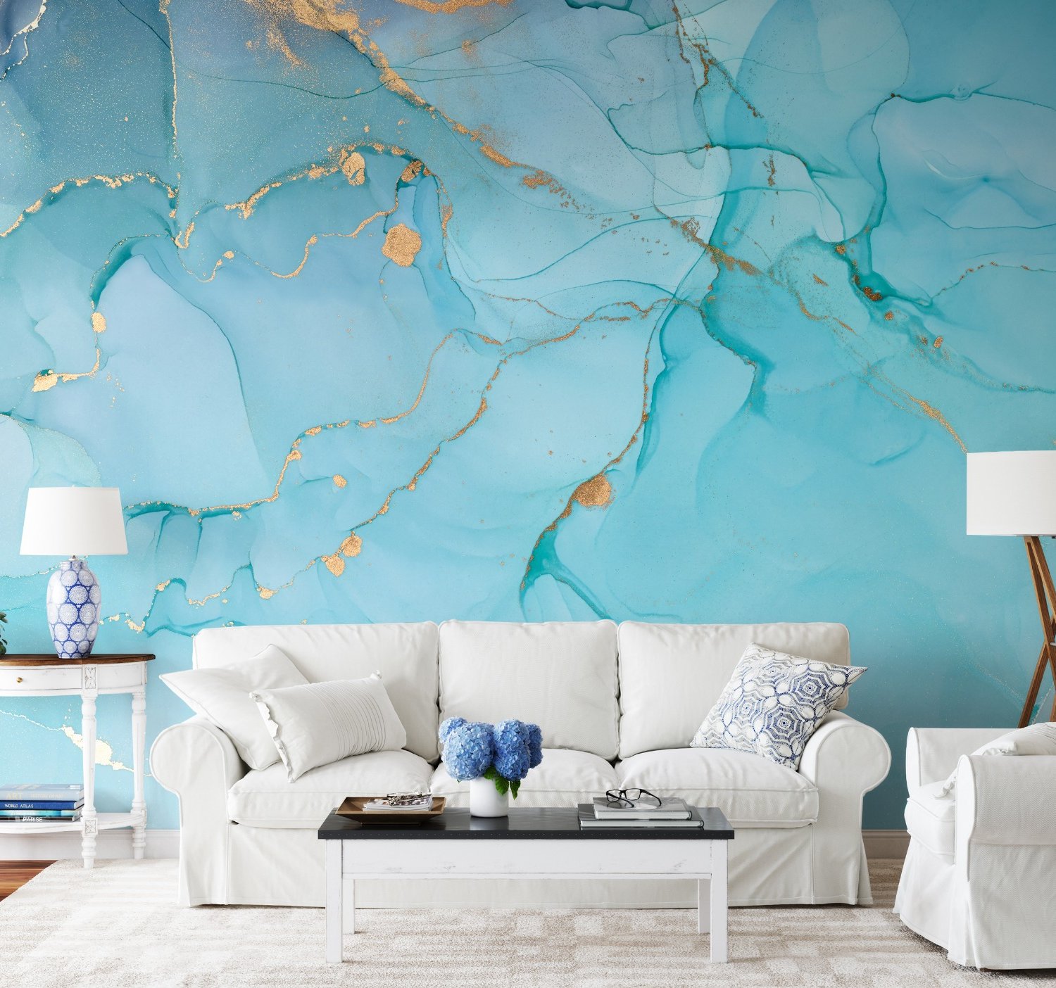 Light Blue Marble with Gold Look Splash Wallpaper Mural - Peel and Stick